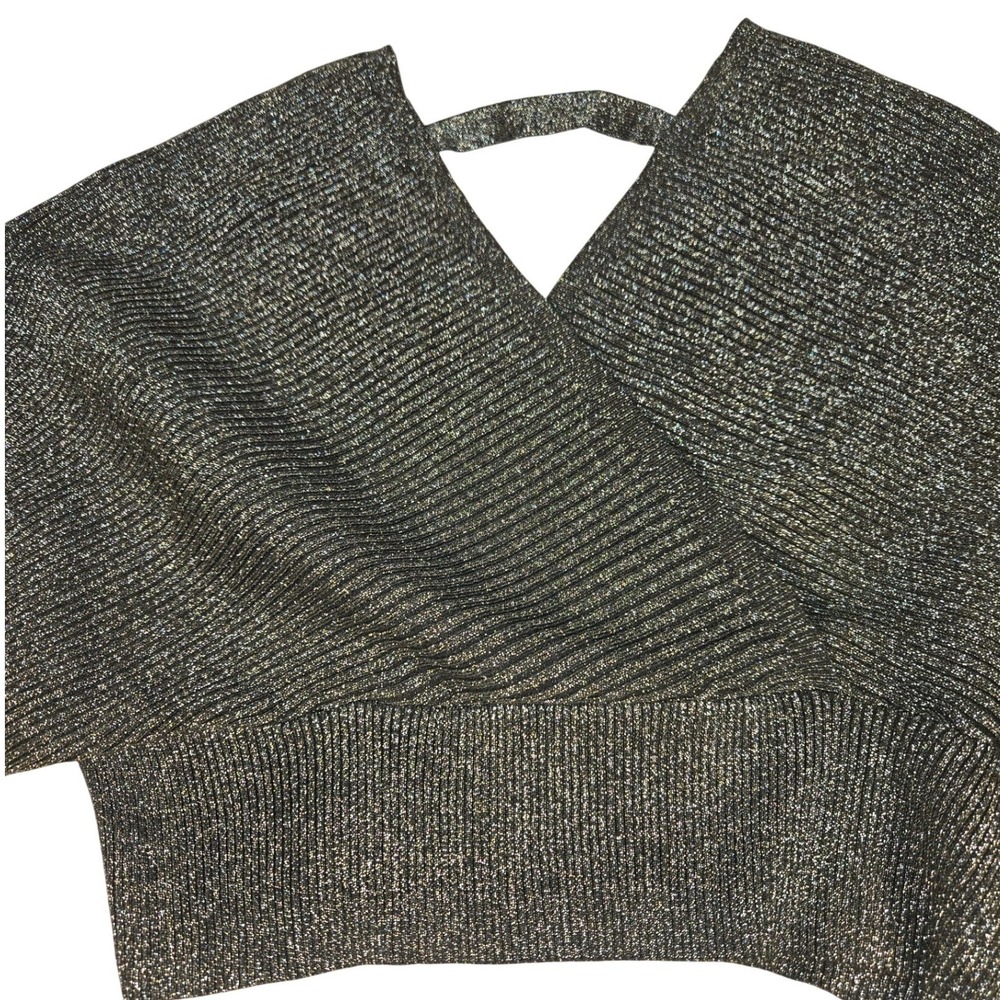 Lulus Womens XL Metallic Black Silver Surplice Wrap Cropped Batwing Sweater